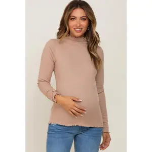 Taupe Ribbed Mock Neck Lettuce Trim Maternity Long Sleeve Top