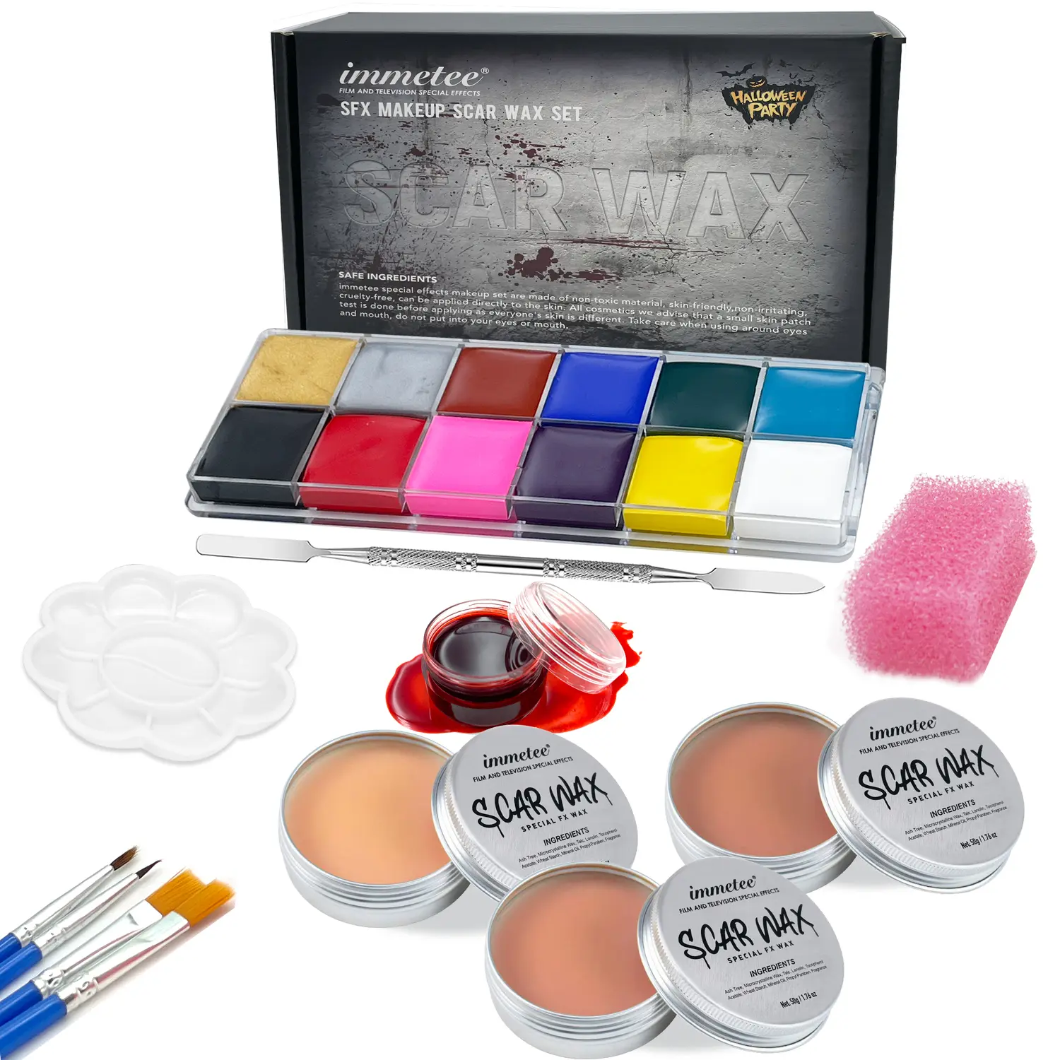 Immette SFX Makeup Kit with Scar Wax & Fake Blood, All-in-1 Oil-Based Cosmetic Blend for Smooth Realistic Effects, Face Paint for Halloween, Cosplay, Carnival Crafts, Ideal Gift for Friends