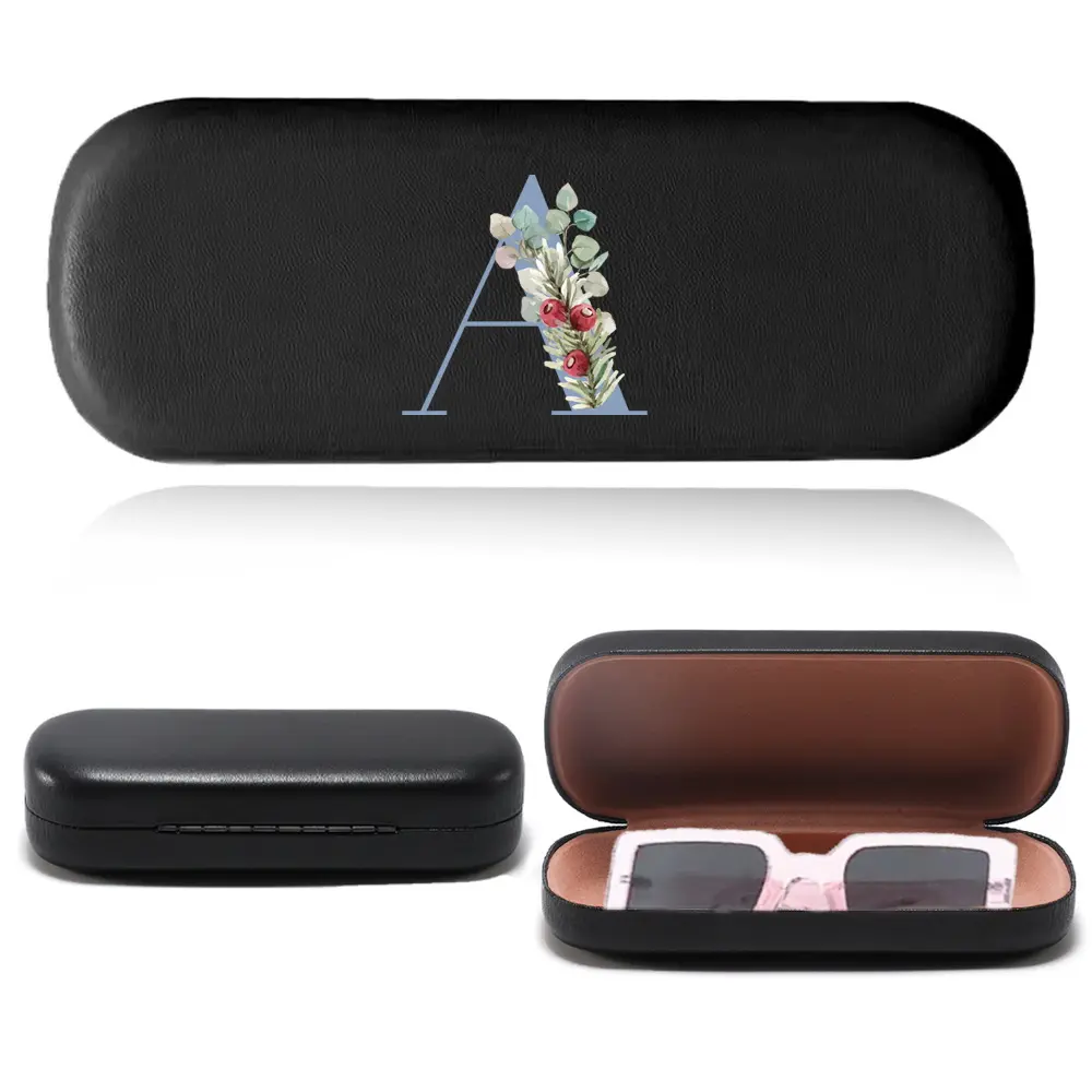 PU Leather Glasses Case Hard Shell Eyewear Storage Box Unisex Sunglasses Eyeglasses Organizer Lightweight Protective Cover Shockproof Design Fashion Accessory Blue Initial Name 26 Letters Pattern Portable Sunglasses Organizer