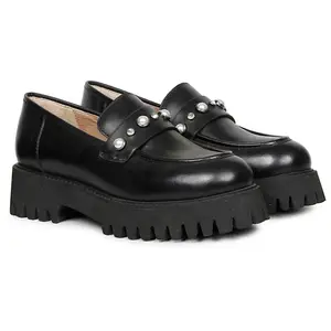 Saint G Leather Platform Loafer With Pearl Detail- Fern