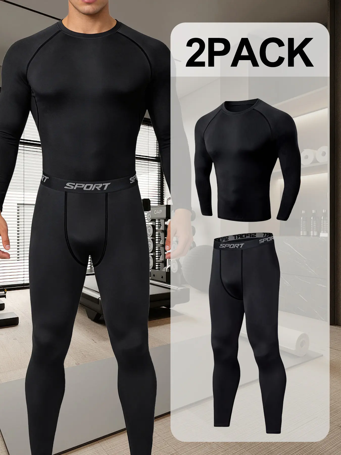 Men's 2-Pack Compression Shirts & Pants Set, Black Long-Sleeve Sports Thermal Underwear, Breathable Fabric Sports Wear with Snug Fit for Fitness, Basketball, Full Length Tops