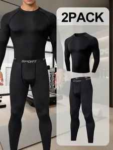 2 Pack Men's Compression Shirts and Pants, Black Long Sleeve Sports Thermal Underwear Set, Breathable Workout Outfit for Fitness Basketball Cycling