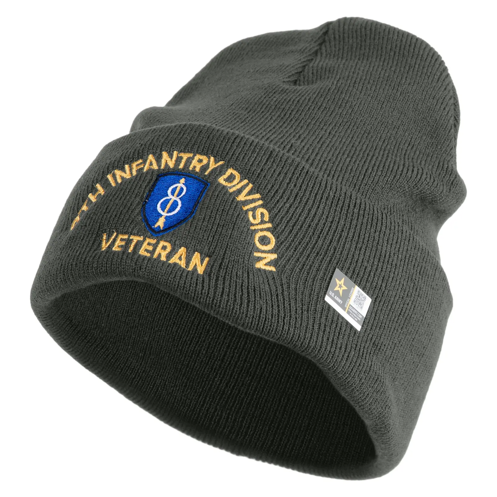 U.S. Army 8th Infantry Division Logo Embroidered 12 Inch Solid Knit Cuff Long Beanie Made in USA