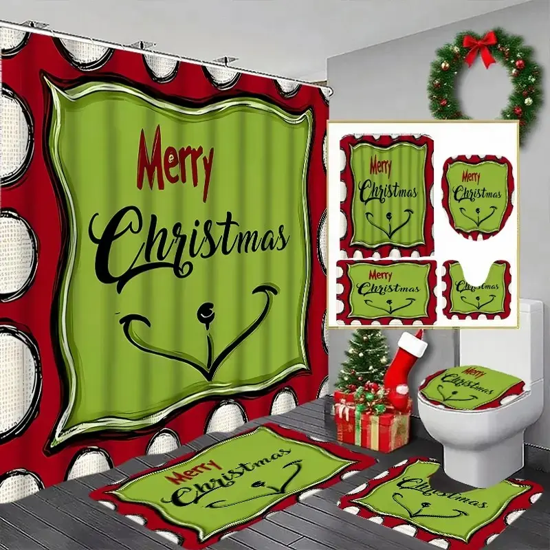 1/4pcs Christmas Happy Design Bath Curtain Set, Bathroom Supplies, Includes Shower Curtain, Toilet Seat Cover, Floor Mat, U-Shaped Pad, Perfect Bathroom Decor