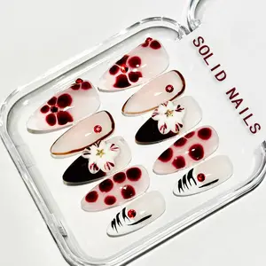 Solid Nails |3D Floral Red Gradient  Nail Art Handemade Press On Nails REUSABLE 3D Gel Fake nails acrylic press nails/Summer 2025 dreamy nail