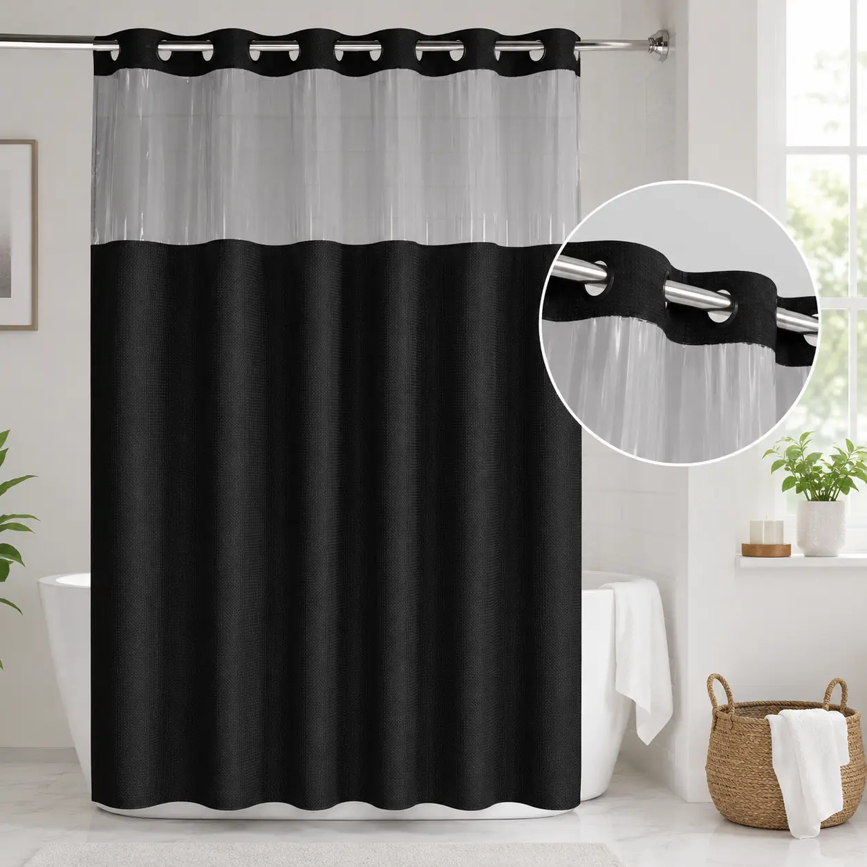 No Hook  Waffle Pattern Shower Curtain, 1 Count Modern Simple Bathroom Curtain with Snap in Liner Set, Shower Curtain Liner, Bathroom Decor, Size Adaptability Bathroom Accessories for Hotel Salon Room Home Decor