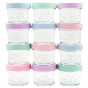 WeeSprout Glass Baby Food Storage Jars w/ Silicone Lids (4 oz, 12 Pack Set) Snack, Puree, Reusable Small Containers, Breast Milk