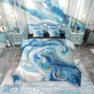Feelyou Abstract Ocean Swirls Marble 7-Pcs Bedding Set - Blue and Gold Marbling Bed-in-A-Bag with Sheets, Golden Glitter Print, Bedroom & Decorative Bedding, Bedroom Bedding Set, Decorative Bedding Set
