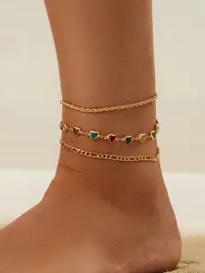 Women's Heart-Shaped Crystal Anklet Set, Ankle Bracelets, Fashionable Summer Jewelry Accessory, Synthetic Material Design, All-Season Wear