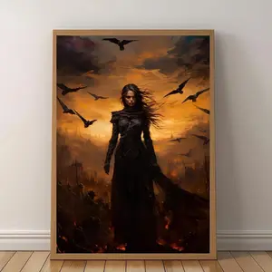 Morrigan Battlefield Influence Canvas Art Poster -  Frameless Wall Art Decor, Goddess of War, Death & Fate - Celtic Goddess Sunset Battle Scene - For Home Decor - Perfect Gift for Art Lovers & Mythology Enthusiasts