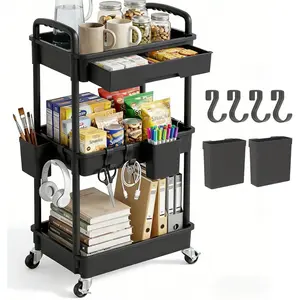 3-Tier Rolling Utility Cart with Drawer, Plastic Storage Organizer Rolling Cart with Wheels Handles Hanging Cups Hooks for Office Bathroom Kitchen Craft Art Room (Black)