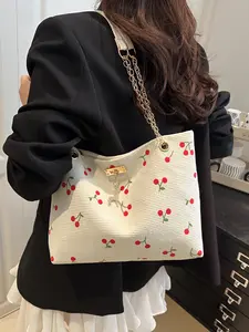Women's Sweet Cherry Print Corduroy Fashionable Shoulder Bag, Cute Fruit Pattern Tote, Chain Strap & PU Handle, Lightweight Daily Bag, Ideal Gift