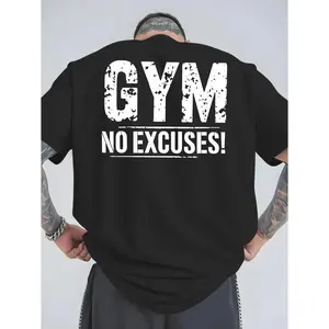 GYM No Excuses Graphic T-Shirt, Distressed Back Print Workout Tee, Oversized Comfort Colors Shirt, Fitness Gym Casual Short Sleeve Top, Trendy Gym Rat Aesthetic Cotton Tee for Bodybuilding and Workout Motivation
