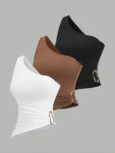 Fashion Basic Daily Casual Metal Ruched Asymmetrical One-Shoulder Fitted Vest Tops Set, Three-Piece for Women, Stylish and Comfortable