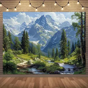 1pc Mountain River Landscape Tapestry,  Dreamy Rustic Mountain Stream & Forest Valley Scene, Polyester Wall Art for Bedroom, Living Room, Wedding, and Party Decor, Party Backdrop |     Serene Mountain Scene |     Durable Wall Fabric, Mountain Dec