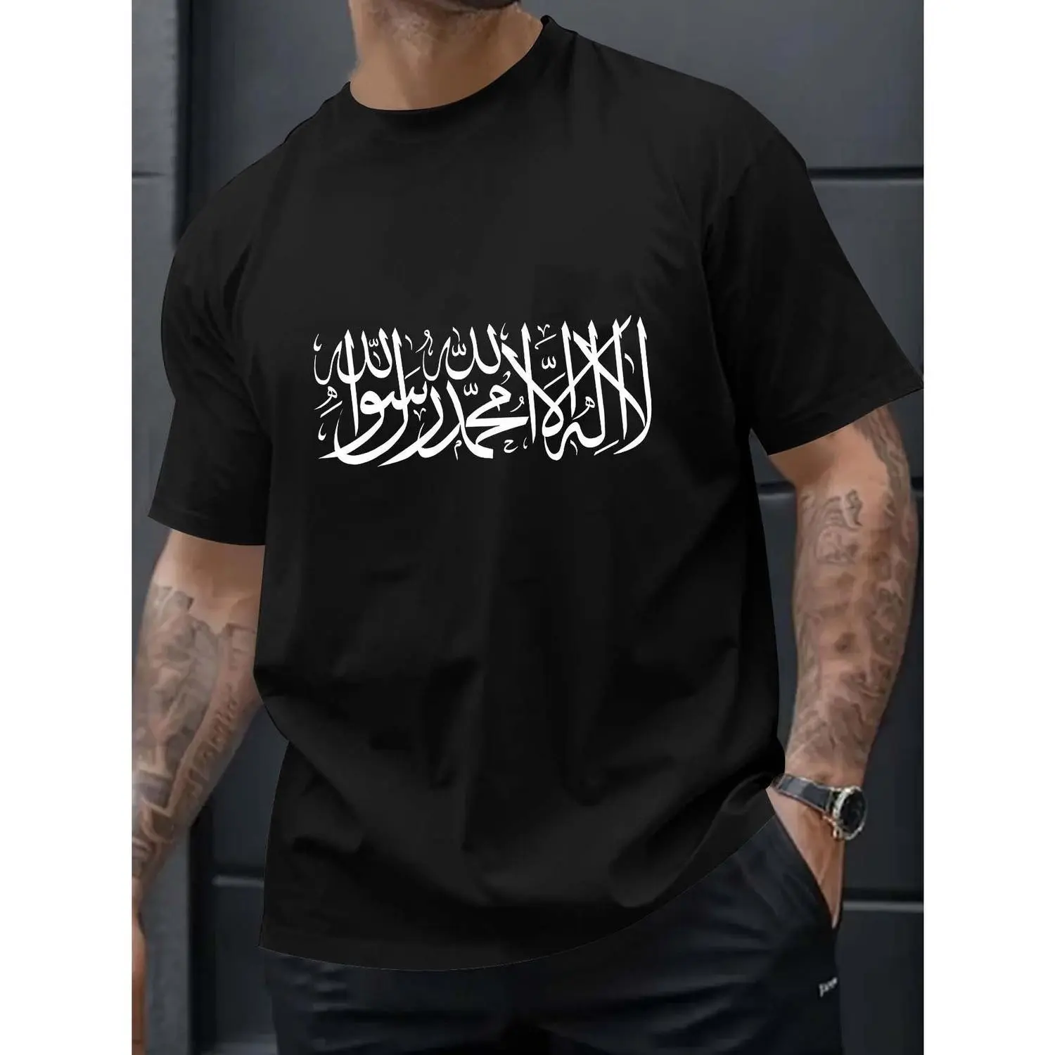 Men Geometric Arabic Calligraphy Print TShirt Casual Crew Neck Short Sleeve Polyester Knit Fabric Summer Sports Top Weekend Casual Wear