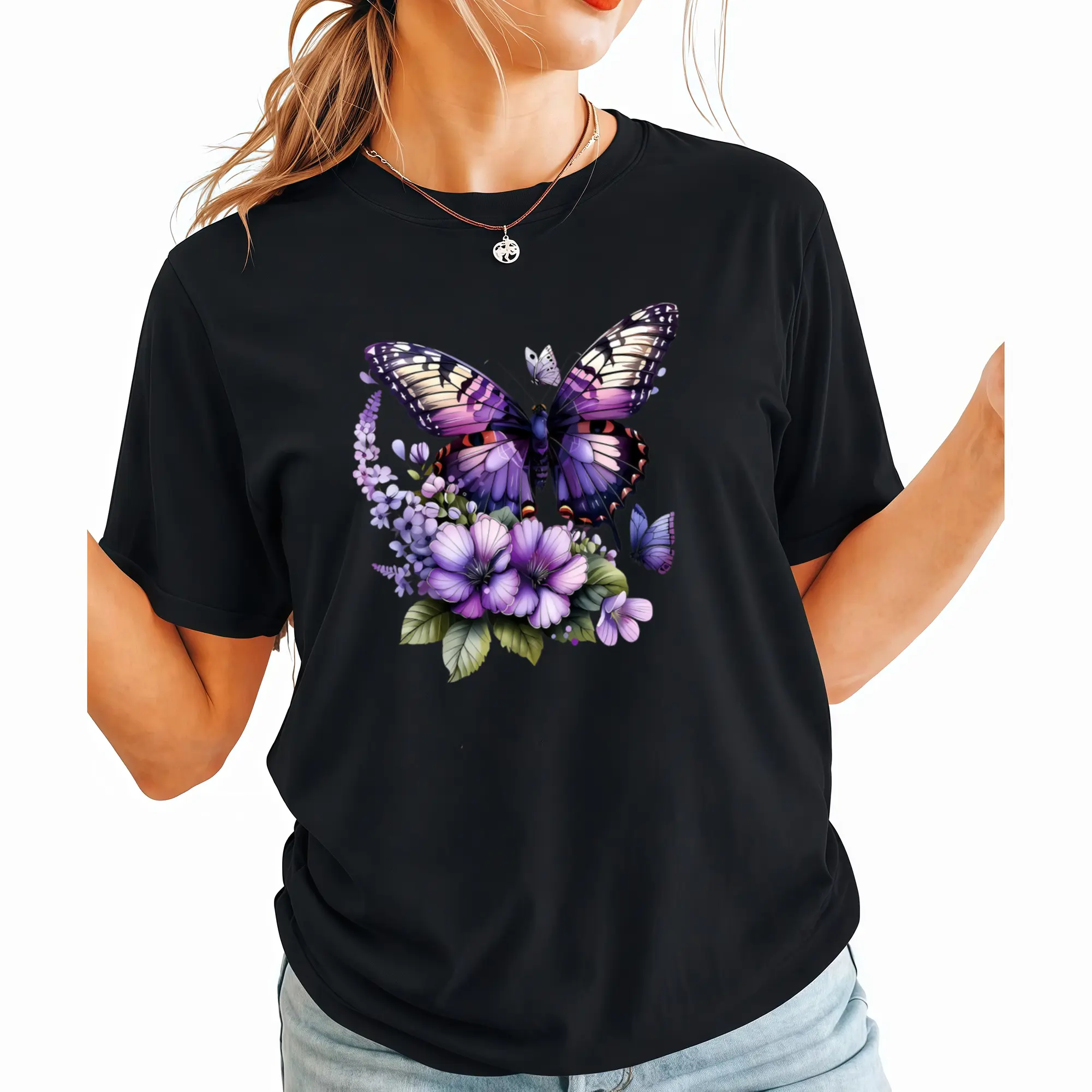 100% Cotton Women's Turquoise Blue Butterfly and Lilac Flower Print Short Sleeve Round Neck Casual Top