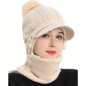 Winter Women's Pullover Ear Warmer Hat Scarf Mask Combo Warm Thick Skull Ski Cap Head And Neck Warmth Ear And Face Warmer Cable Pattern Slouchy Fit Hand Wash Care Thick Fleece Lining