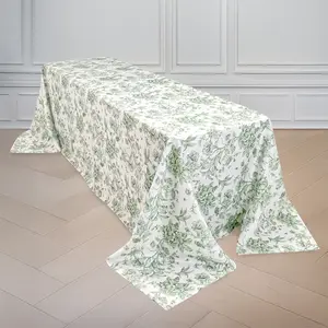 Polyester Rectangular Tablecloth 90"x132" White with Dusty Sage Green French Toile Pattern - Sophisticated Seamless Table Cover for Chic Weddings & Events