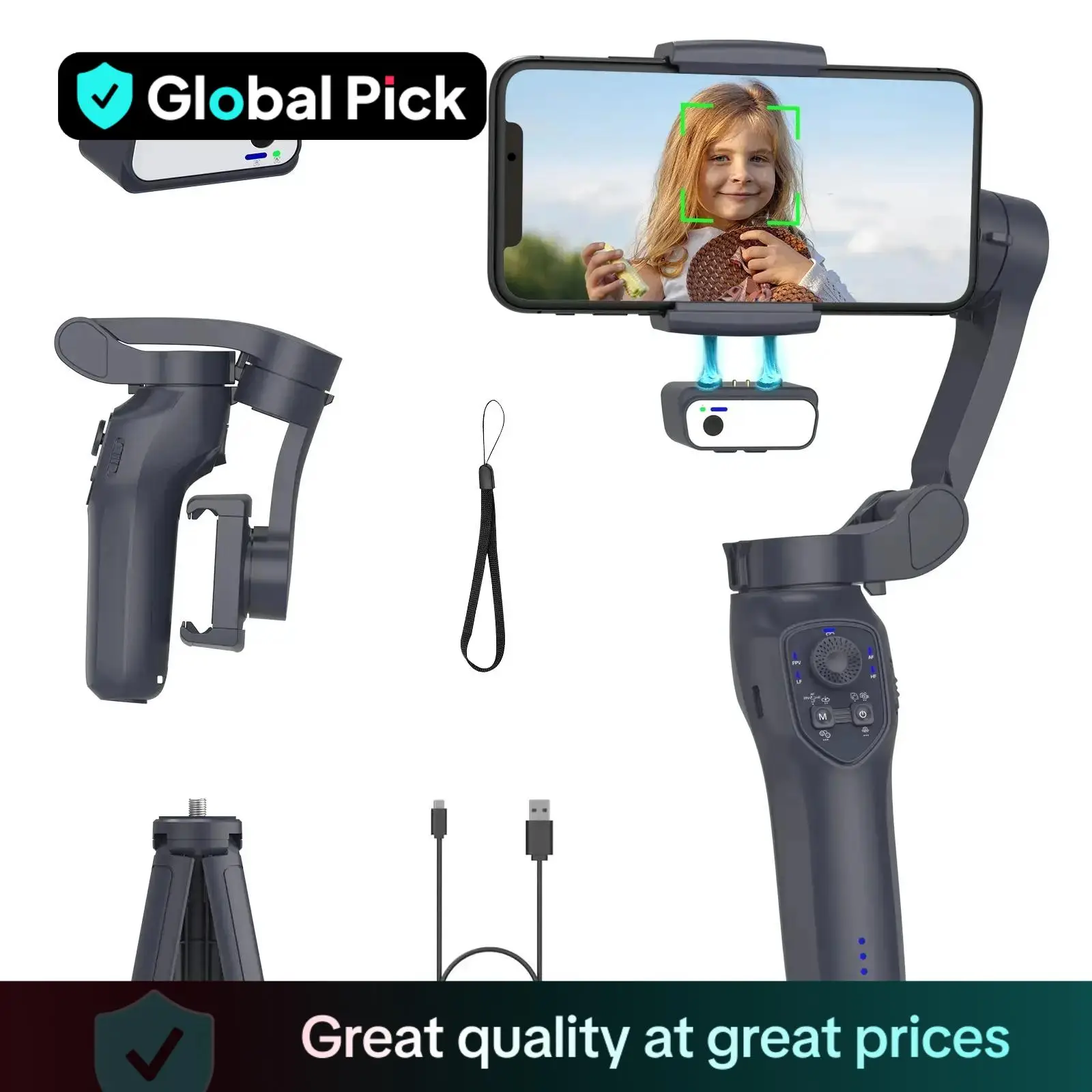 Global Pick Portable Selfie Stick, 3-axis Phone Gimbal Stabilizer, Video Recording Kit with Face/Object Tracking, Phone Gimbal Stabilizer for Android