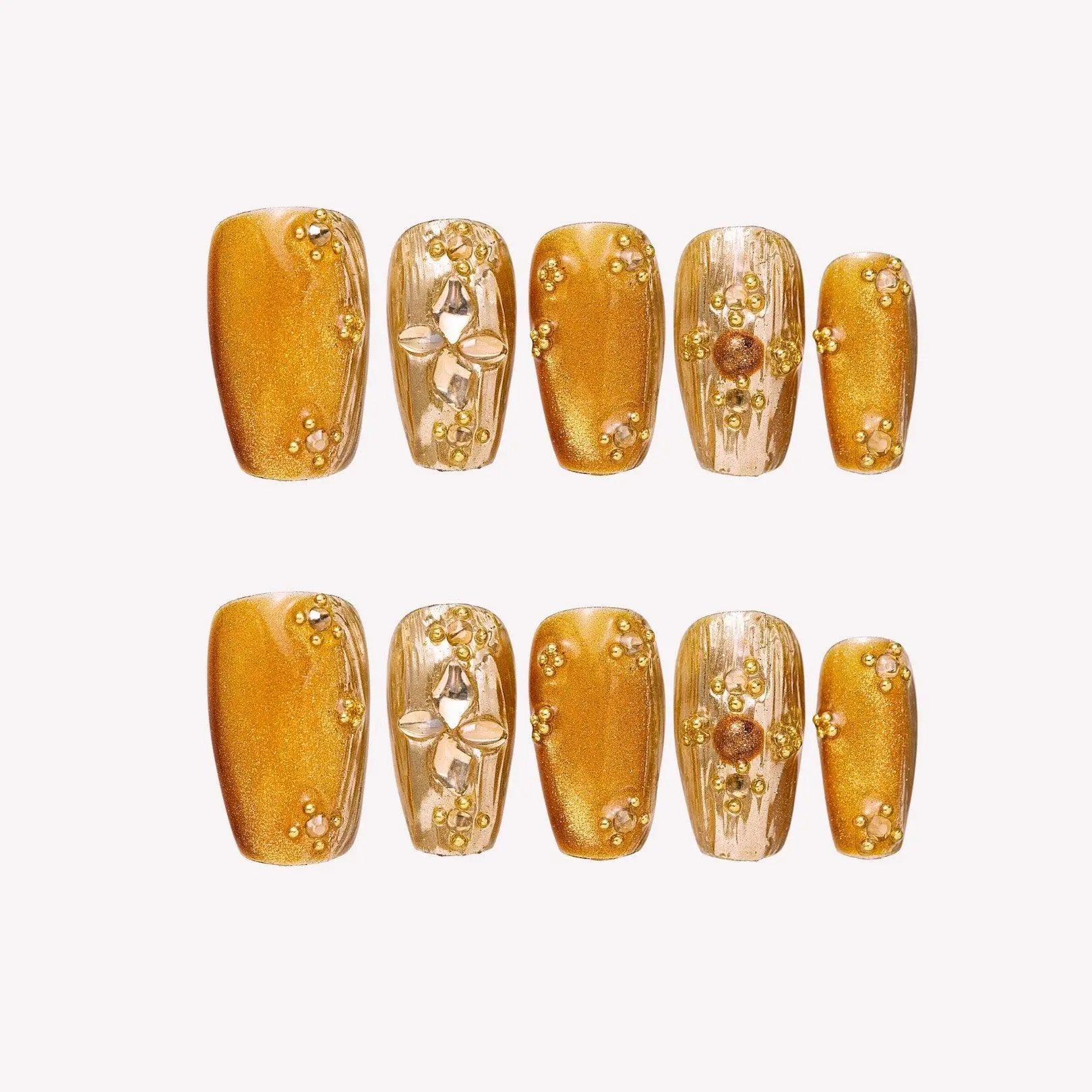 [BUY 2 GET 1 FREE] Metallic Gold Press On Nails, Shimmer Amber Base with 3D Embellishments and Crystal Accents, Luxurious Holiday Nail Art Set