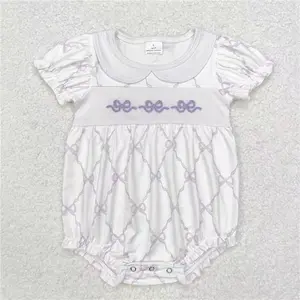 Baby Girl Clothes, Purple Embroidered Bow Doll Collar Short-Sleeve Romper - Toddler Little Girl Outfit