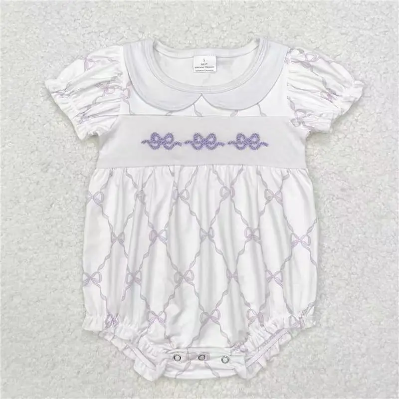 SR1968--Embroidered purple bow pattern doll collar short-sleeved baby girls romper