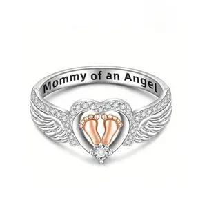 Silver Angel Wing Design Ring, Artificial Zircon Ring, Heart & Footprint Decorative Ring for Women, Fashion Jewelry Accessories for Daily Wear, Trendy All-match & Exquisite Jewelry for Birthday Gift, Dainty Ring