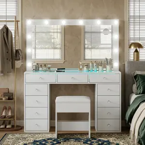 Vanity Desk with Illuminated Mirror & Power Outlet, Makeup Vanity Table with 12 LED Lights, 11 Drawers & Tempered Glass Top, Dressing Table with Chair for Bedroom & Dressing Room, Modern Vanity Set for Women Girls