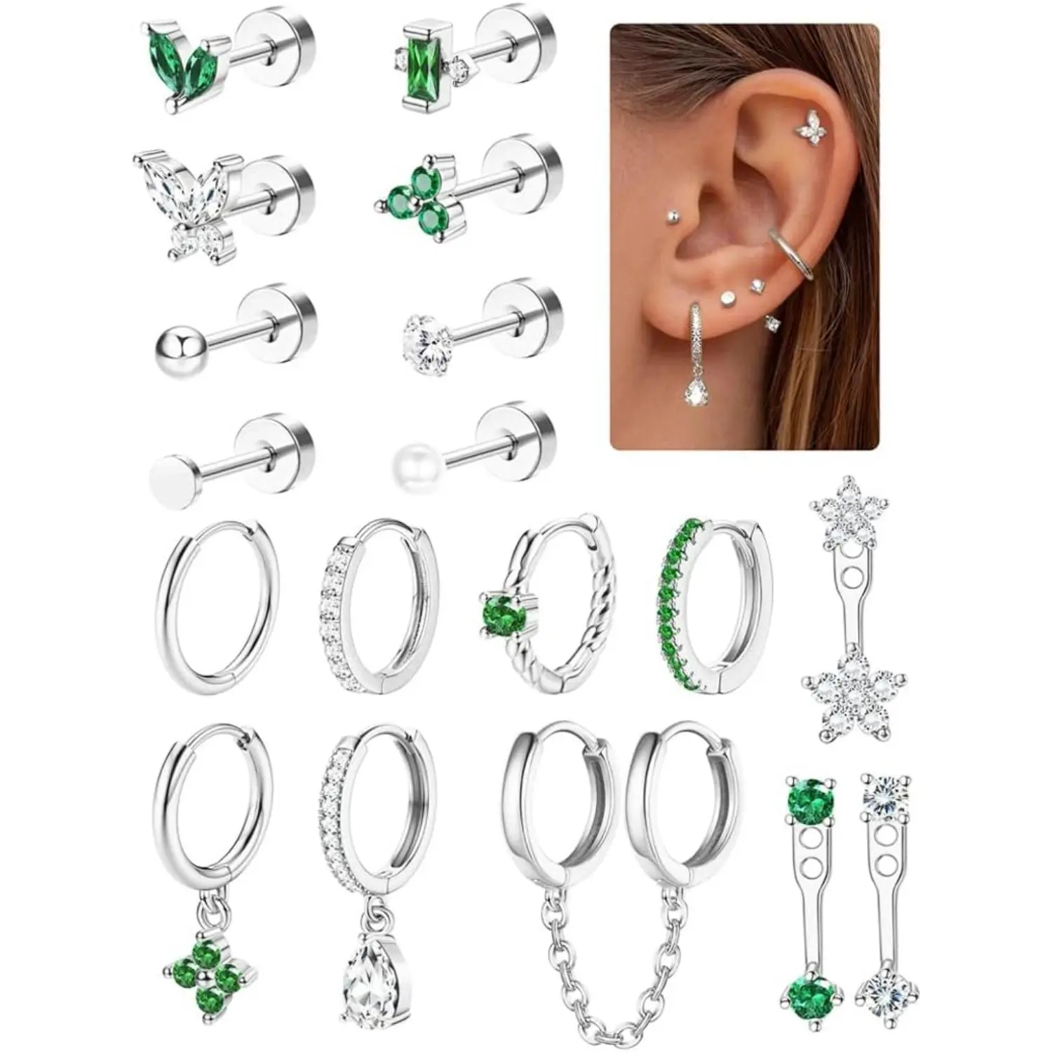 (NOT PAIRS) Silvery 18 Pcs Set