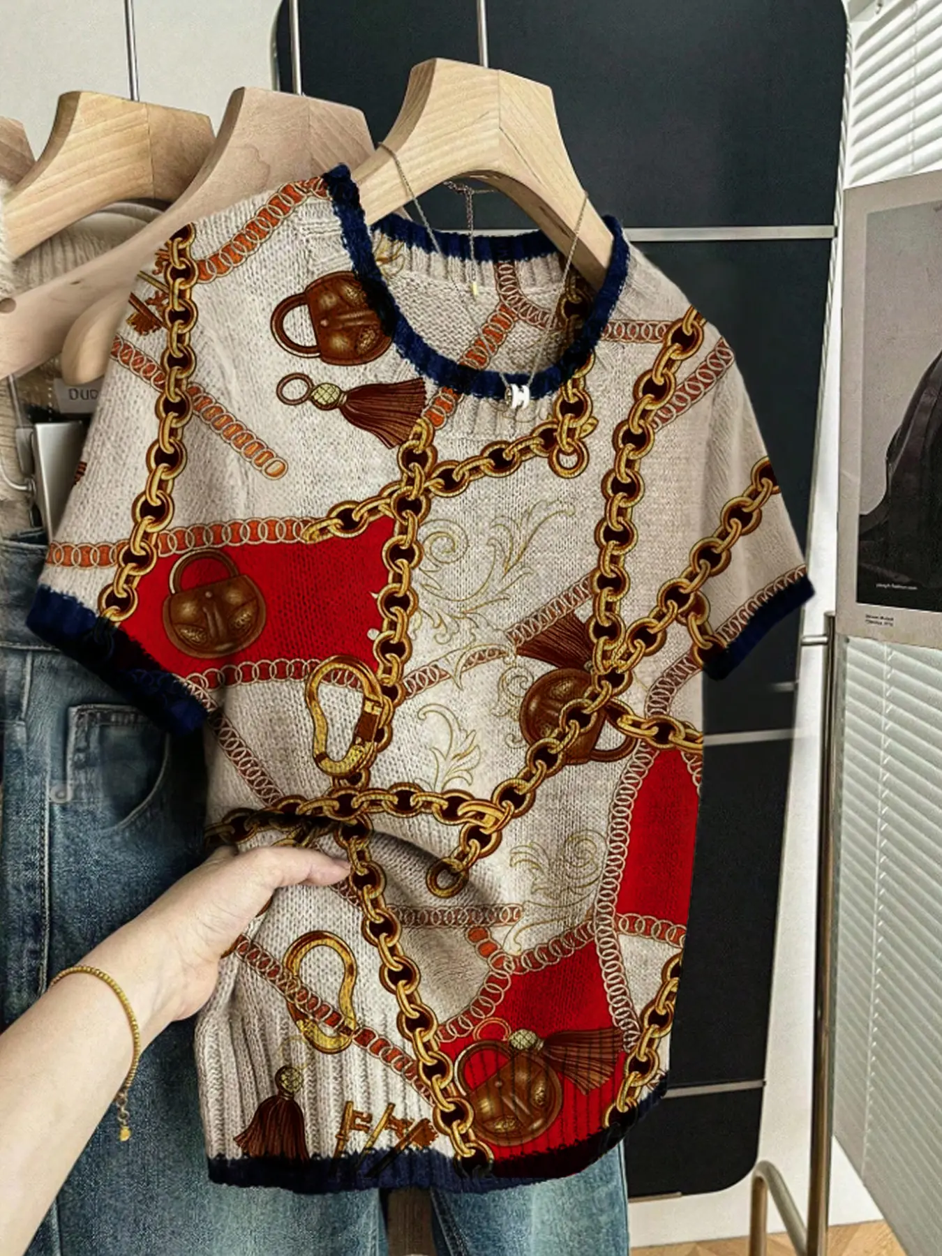 Baroque Style Colorblock Print Round Neck Sweater, Casual Fashion Knit Fitted Short Sleeve Knitwear for Spring Summer Fall, Comfortable Warm Women's Clothing Colorblock Knit Top