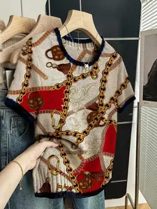 Baroque Style Colorblock Print Round Neck Sweater, Casual Short Sleeve Knitwear for Spring Summer Fall, Comfortable Warm Women's Clothing