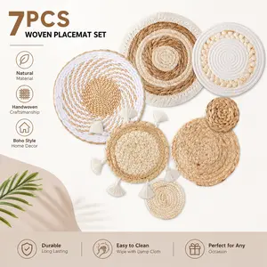 7 Pack Boho Wall Basket Decor – Seagrass Rattan Wicker Handmade Round Flat Baskets, Rustic Wall Art for Farmhouse Living Room, Bedroom, Kitchen – Also Use as Table Centerpieces
