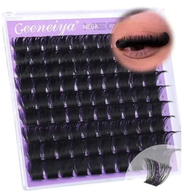 Geeneiya 200D Mega Lash Clusters Volume Eyelash Clusters D Curvature Cluster Eyelash Extensions, 14-16-18MM Mega Lashes