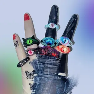 Y2K Demon Eyeball Handmade Ring - Dark Punk Irregular Band, Unique Alt Goth Statement Costume Jewelry