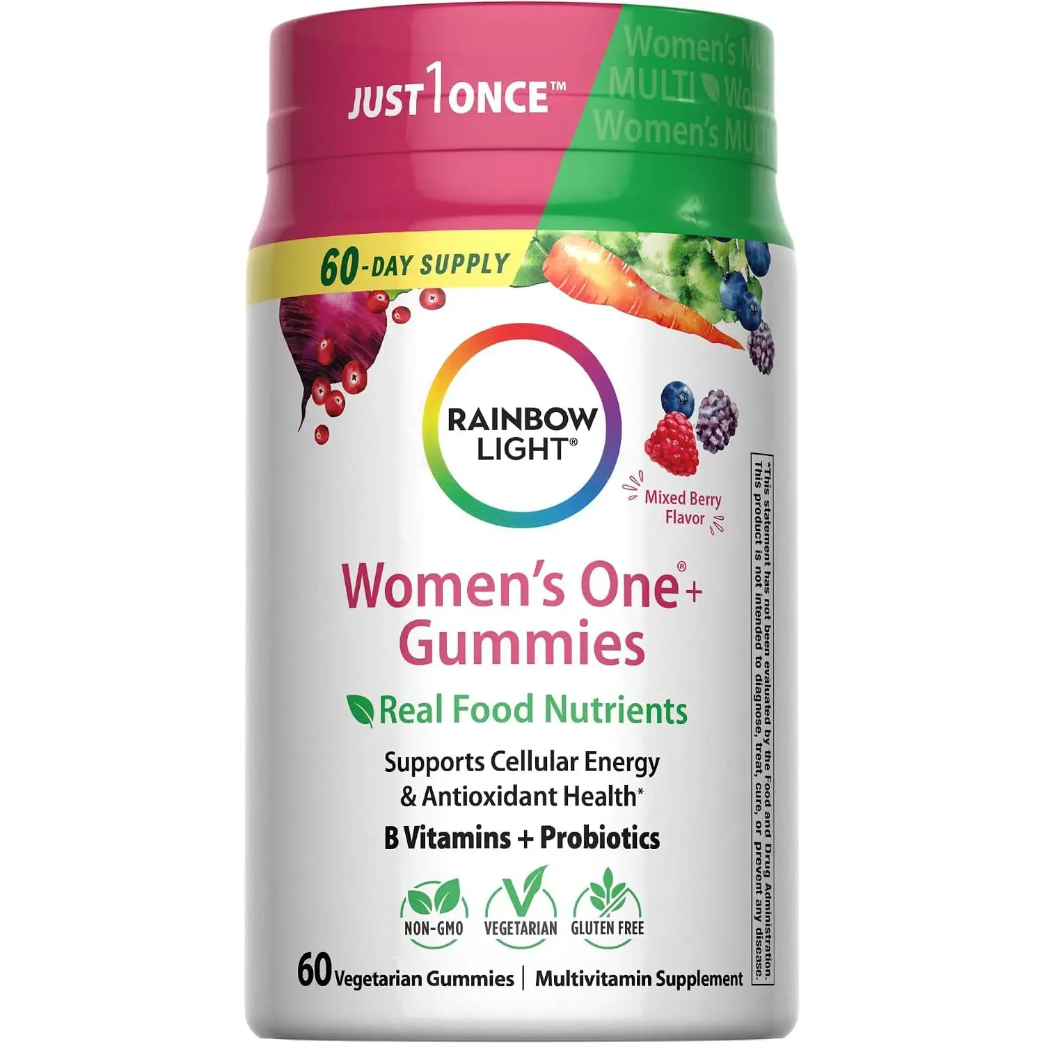 Rainbow Light Womens One + Multivitamin Gummies | 60 Count | Supports Cellular Energy & Antioxidant Health | Mixed Berry Flavor | with Real Food Nutrients, B Vitamins & Probiotics