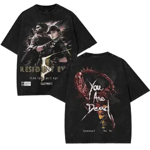 Resident Evil 5 fear you can't forget Washed Tshirt 2 sided Printed Unisex Washed TShirt RPG graphic tees game merch Cotton Streetwear Top Apparel Clothes Pieces