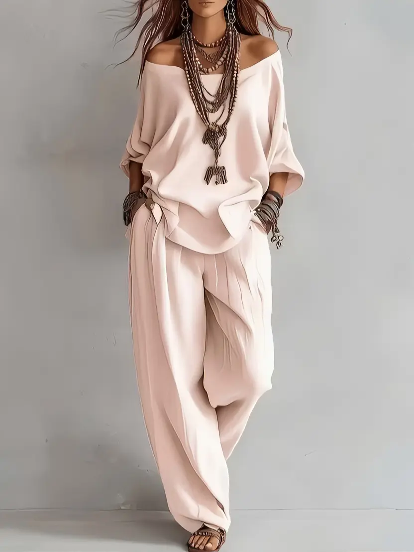 Women Off Shoulder 3/4 Sleeve Loose Blouse & High Waist Wrinkle Wide Leg Pants 2 Piece Outfit Set Boho Casual Vacation Loungewear Travel Daily Wear Tracksuit