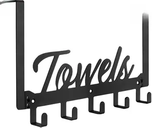 Over The Door Hooks, Towel Rack Towel Hooks for Bathroom, Towel Holder for Hanging Heavy Duty, Door Rack Over Door Hanger with 5 Coat Hooks for Bedroom Bathroom Kitchen, Black
