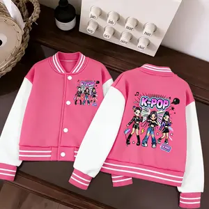 Girls Cropped Baseball Jacket with Cute K-Pop Anime Character Print, Soft Fleece Lined, Breathable & Warm, Machine Washable, Perfect for Outdoor Wear, Birthdays & Back to School