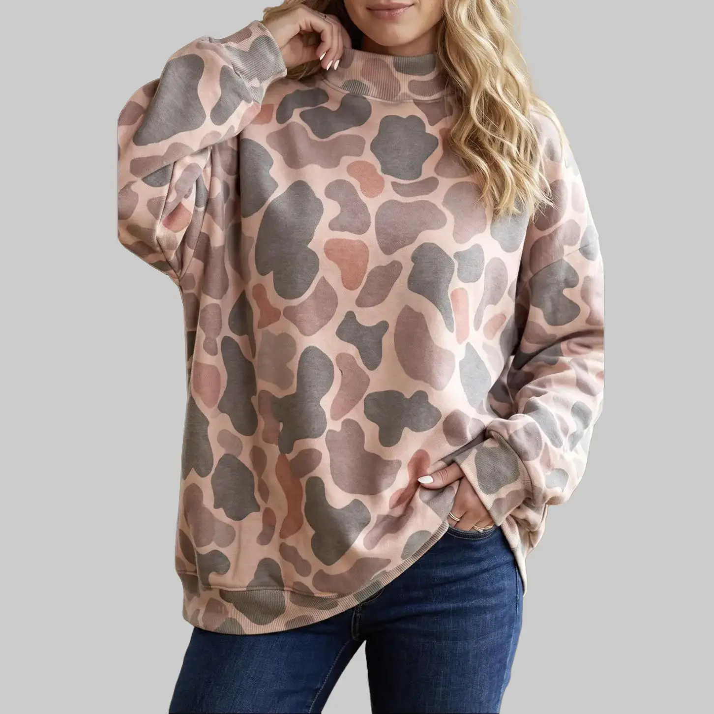 S-4X Multicolor Camouflage Western Cowgirl Pullover Sweatshirt, Relaxed Fit Country Long Sleeve Top, Casual Fall Outdoor Loungewear For Curvy Women,Plus Size Polyester Long Sleeve Casual Sweatshirt, Multicolour Camouflage Western Graphic Tops Clothes,, Sw