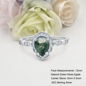 Art Deco Teardrop 1.25 Carat Natural Green Moss Agate Bridal Band Women Wedding Engagement Pear Shape Ring 925 Sterling Silver 12mm