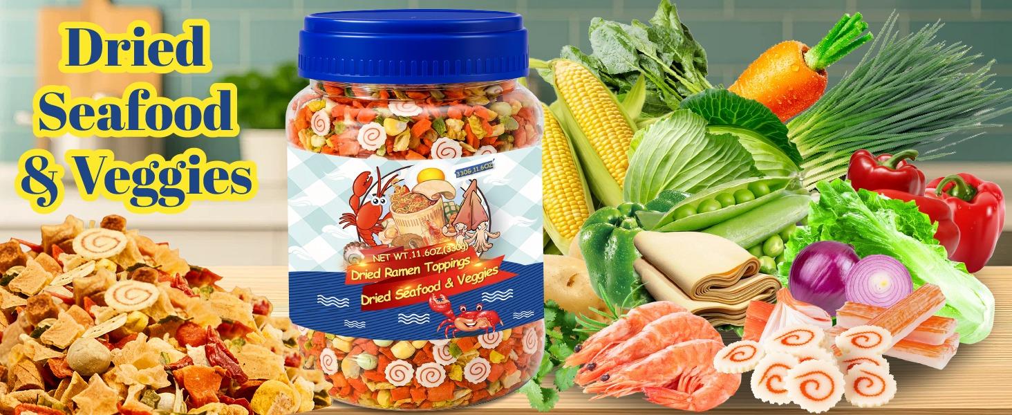 11.6oz Dried Ramen Toppings – 11 Mixed Dehydrated Seafood & Vegetables with Shrimp, Crab & Fishcake, Freeze-Dried Veggies for Soups, Salads, Pizza & Camping Meals 11.6oz Dried Ramen Toppings – 11 Mixed Dehydrated Seafood & Vegetables with Shrimp, Crab & Fishcake, Freeze-Dried Veggies for Soups, Salads, Pizza & Camping Meals