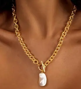 14K Gold/Silver Plated Chunky Thick Chain Toggle Clasp Necklace Dainty Baroque Pearl/Heart/Cross/Turquoise Pendant Necklace