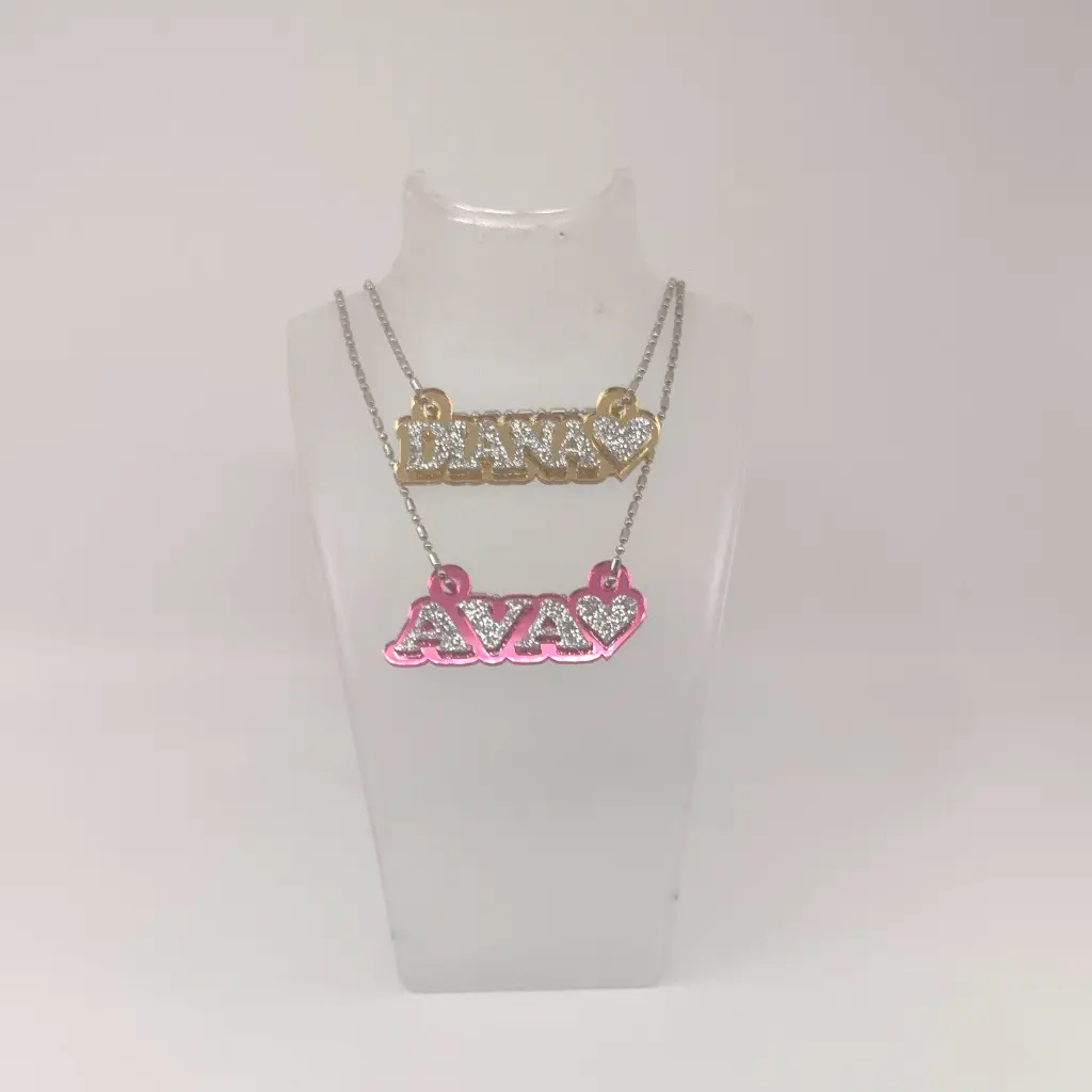 Custom Heart Name Necklace, Personalized Glitter Name Necklace