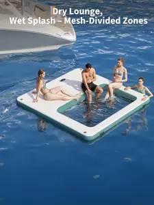 Garvee 10x10 ft Square Inflatable Floating Dock, Floating Water Island Raft with Mesh Swim Area, Non-Slip EVA Platform and Rope Ladder, Perfect for Pool, Lake and Ocean