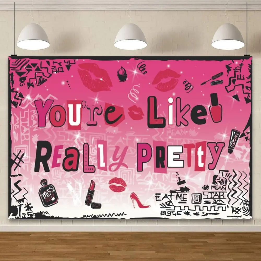 1pc Pink Polyester 2D Flat Backdrop Banner - "You're Like Really Pretty" Graffiti Print, 1-Piece Decorative Makeup & Fashion Themed Backdrop for Happy Birthday, Ceremony, Christmas Cake Table Decor