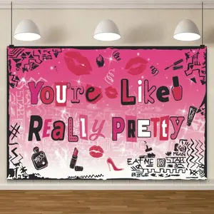 1pc 2D Flat Pink "you're Like Really Pretty" Polyester Backdrop for Birthday Parties & Bachelor Celebrations - ft/ft, Graffiti-Style Design with Makeup & Fashion Themes, Perfect for Cake Table Decorations