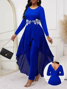 Women's jumpsuits, long-sleeved, Crewneck, slim-fit High Waist, vest, Eid al-Fitr party gathering, color-blocking lace splicing, asymmetrical hems, suitable for all four seasons