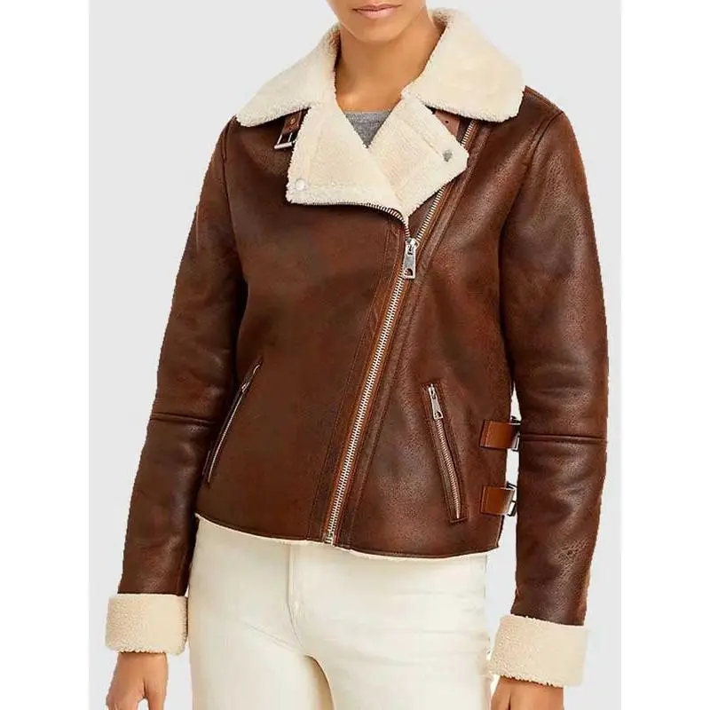 Women’s Brown Leather Motorcycle Shearling Jacket